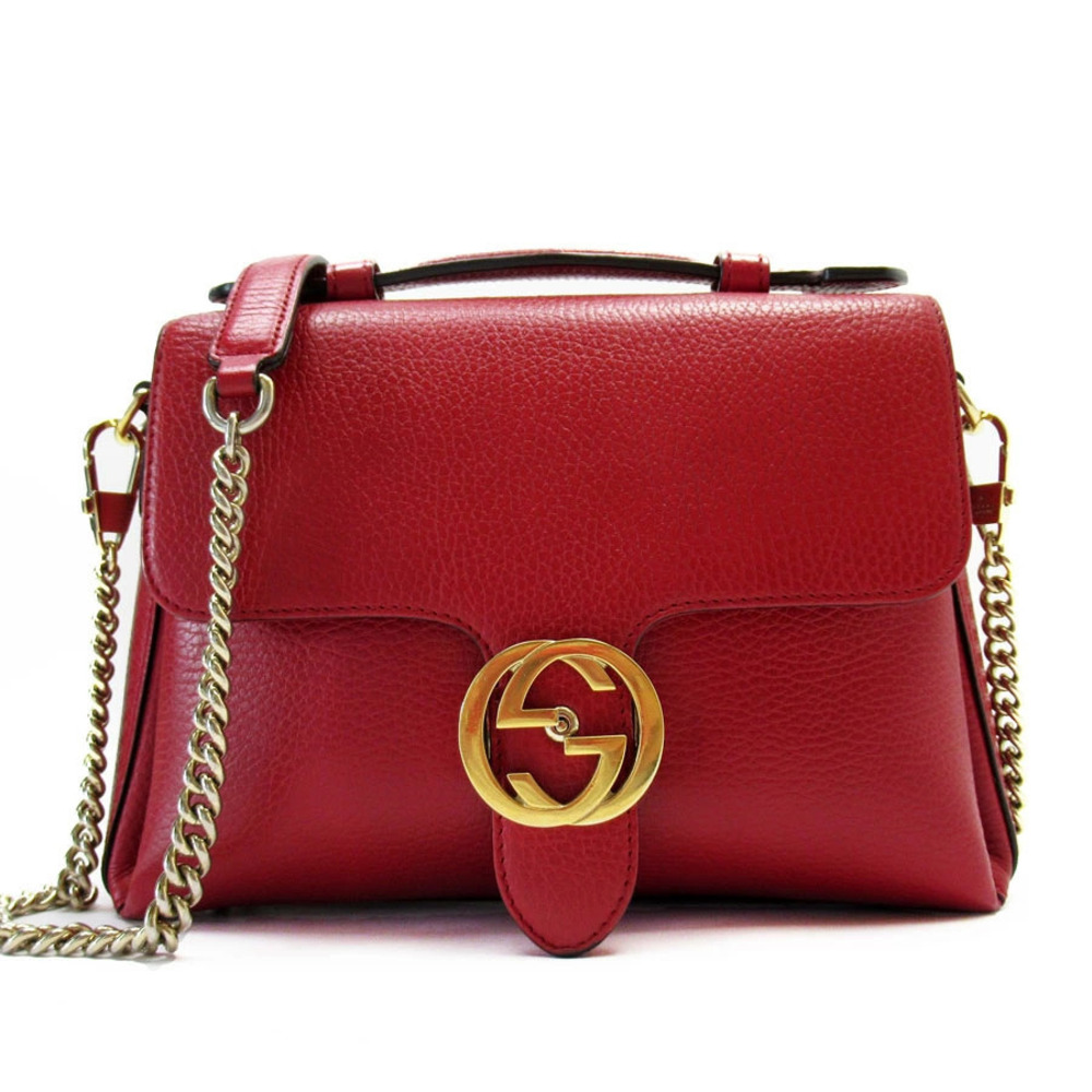 Gucci Interlocking GG Leather 2Way Shoulder Bag Red Gold